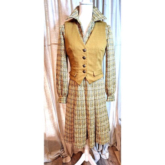 1960s 70s Vintage Dress w Vest Long sleeve Hand Made - Picture 1 of 12